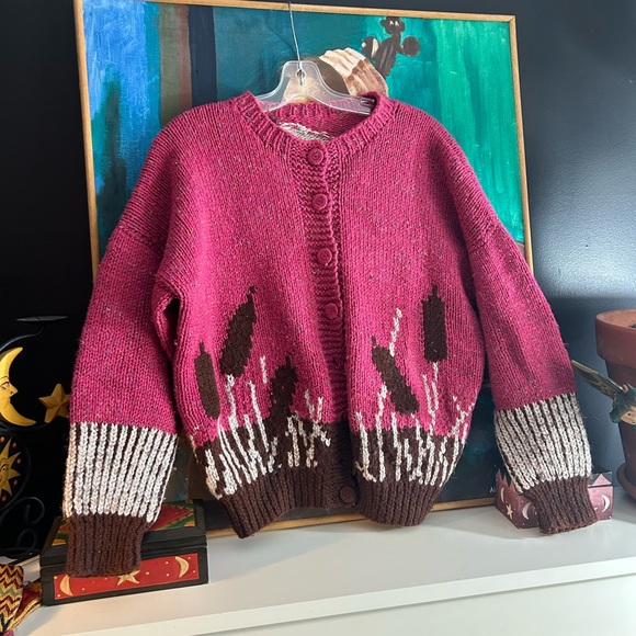 Vintage Sweaters - Vintage Knit Grandma Pink and Brown Sweater Medium Large One Size